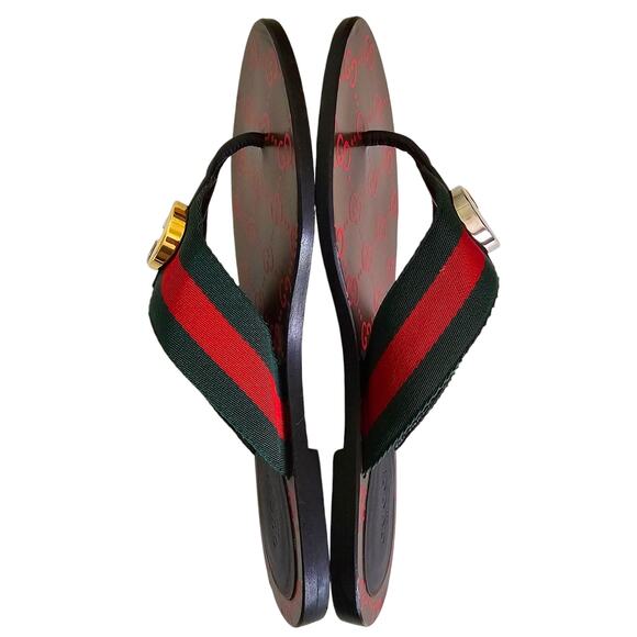 Gucci GG Kika Web Stripe Flat Thong Sandal Flip Flop Red Green Brown Size 37 US7 - Picture 5 of 8
